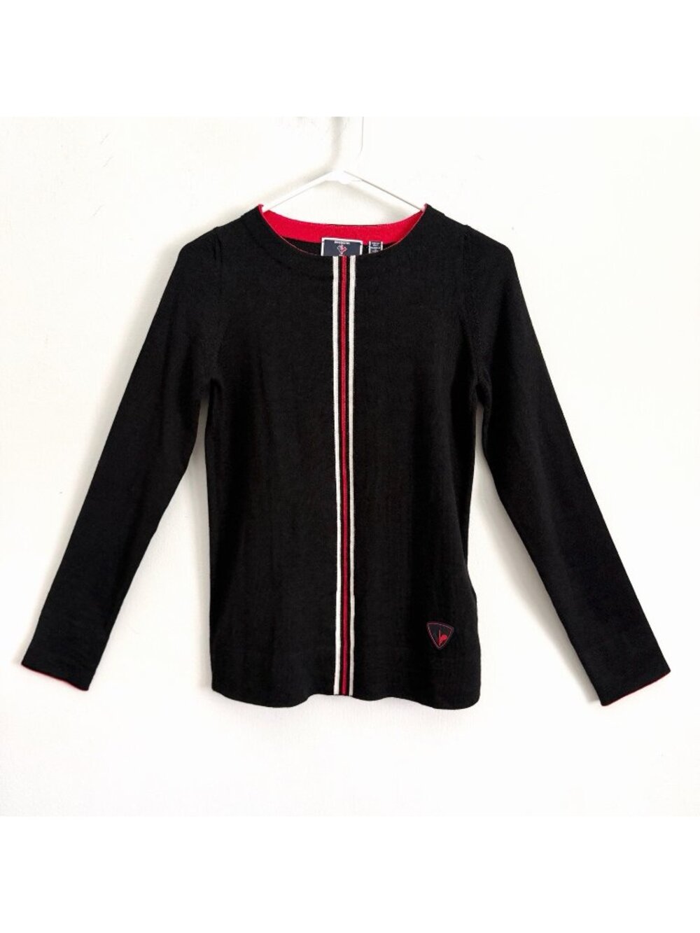 Rossignol Skis Black Wool Long Sleeve Crewneck Sweater Red White Stripe Sz 36/XS